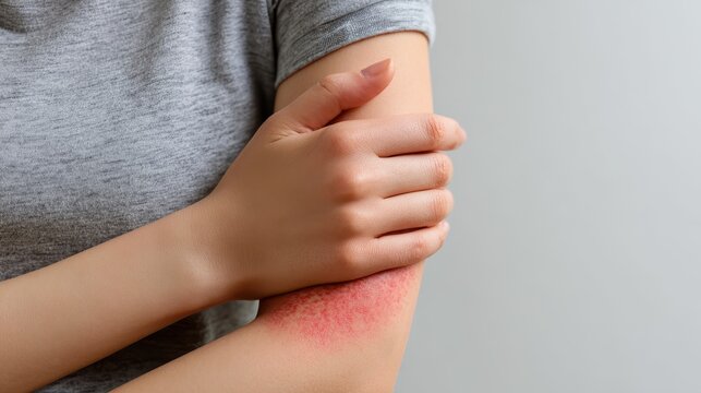 Concerned young woman with an insect bite on her arm against a white background Red rash due to allergy or inflammation Conditions include eczema atopic dermatitis lichen allerg