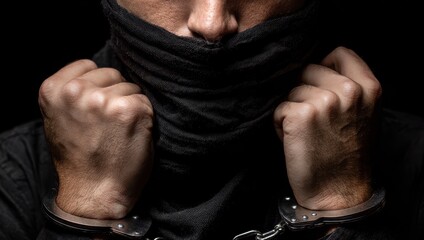 Unidentified criminal in black attire is apprehended Theme COVID 19 related crime Set against a black backdrop