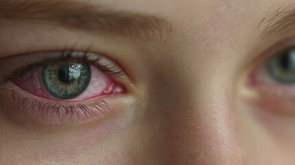 Naklejka premium Inflamed green eyes of a teenager with tiredness and red veins seen up close wearing contacts