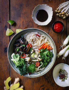 Vegetarian Pho Noodle Soup with Mushrooms, Herbs, and Rice Noodles