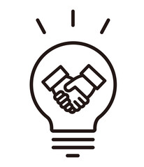 握手するビジネスマンと電球。商談成立、パートナーシップ、ビジネスのアイコン。Businessmen shaking hands and a light bulb.
