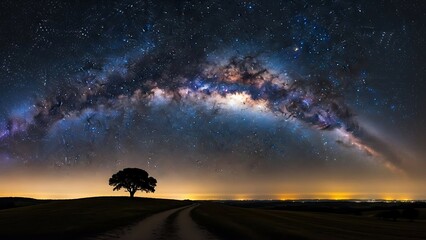 Majestic Tree Under a Breathtaking Milky Way Galaxy Arch in the Clear Starry Night Sky Landscape
