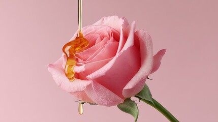 Obraz premium A rose with honey dripping from it. The honey is golden and the rose is pink. Concept of sweetness and beauty