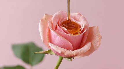 A rose with a drop of honey on it. The honey is dripping from the rose and onto the pink background