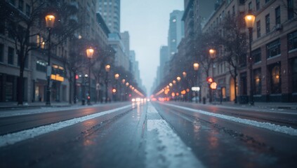 Fototapeta premium City Street Scene at Dusk With Traffic and Wet Pavement in Urban Setting