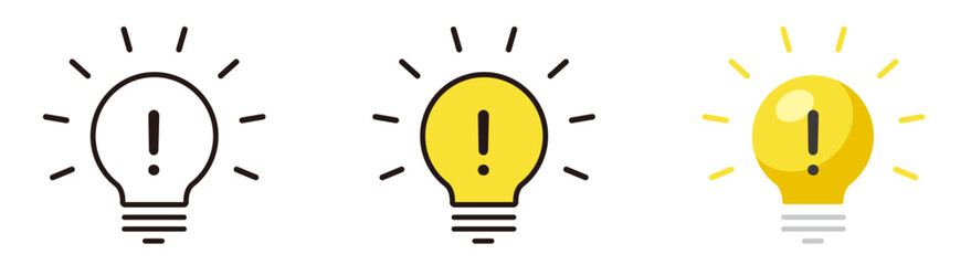 電球のアイコン。気づき、発見、ひらめきのデザイン。ビックリマークとランプ。Light bulb icon.