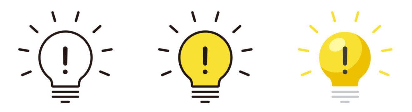 電球のアイコン。気づき、発見、ひらめきのデザイン。ビックリマークとランプ。Light bulb icon.