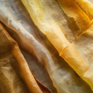 Golden hand-dyed fabric texture with organic folds, natural dye textile background