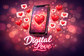 A smartphone displays a red heart with the words digital love surrounded by floating heart shapes and bokeh lights in a dark setting