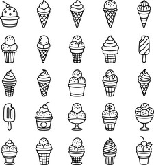 Ice Cream and Dessert Icons Black Vector Minimal Cone and Sundae Collection
