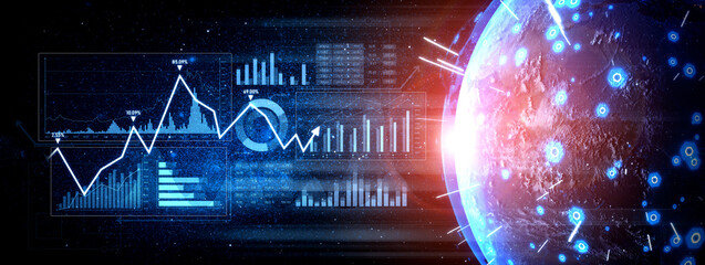 A captivating digital scene featuring a glowing planet alongside data graphs and an analytics dashboard, emphasizing technology and advanced visualization. Scalp