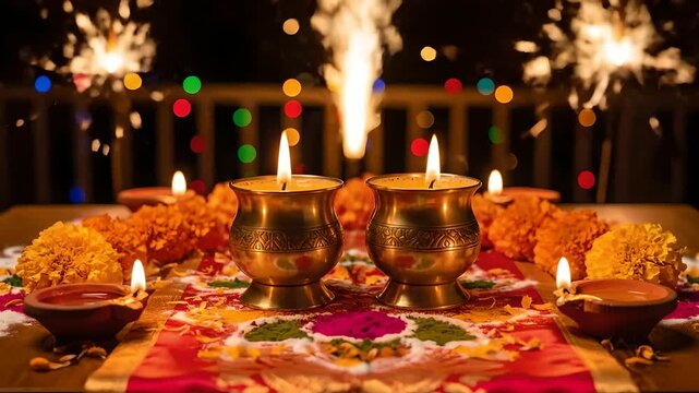 Diwali lamps (diyas) illuminate a vibrant table adorned with marigold flowers and colorful rangoli, while festive sparklers light up the background, capturing the essence of Indian celebrations.
