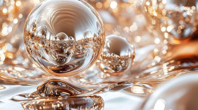 Quantum superposition states liquid spheres mercury reflective surfaces metallic golden amber tones water droplets crystalline structures surface tension dynamics