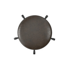 Top view of a round brown leather stool with black metal legs on a white background