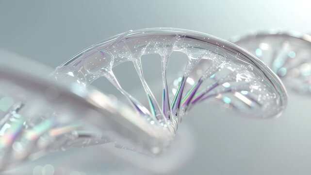 A shimmering, transparent DNA double helix sparkles with light, representing advanced genome research, genetic technology, and the future of medicine.