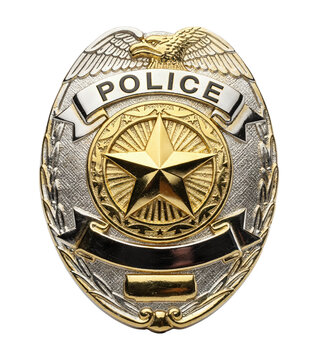 Silver and Gold Police Officer Badge with Star and Eagle Isolated on Transparent and White Background