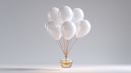 A vase with a bunch of white balloons in it. The balloons are floating in the air and the vase is on a white surface. Concept of celebration and joy