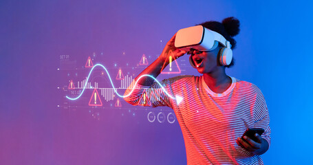 A woman engages with a virtual reality headset while analyzing stock market data. The colorful background enhances the dynamic atmosphere of trading and analytics. XDMCP