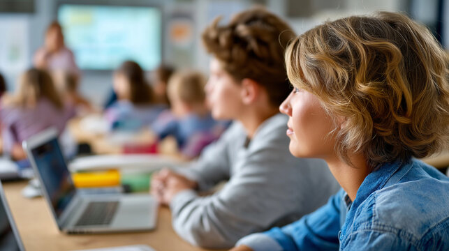 Students making presentation using flipboard in classroom, faceless girl and guy, educational teaching process, academic discussion, college seminar, university learning concept, w