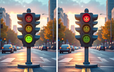 Creative traffic signal with emoji-like faces replaces standard lights, showing emotions from anger to happiness against a blurred city street background at dusk.