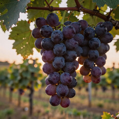 Cluster of ripe purple grapes on vine in lush sunset vineyard