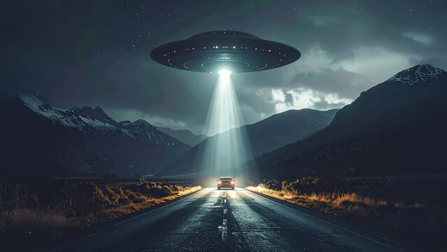 An ufo illuminating a car at dusk on an empty road