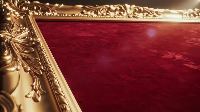 Ornate golden picture frame corner detail on red surface elegant design
