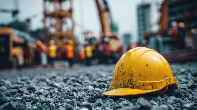 Hard hat on ground with blurred construction cranes in background, safety awareness concept, photorealistic