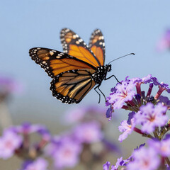 Fototapeta premium A Monarch butterfly with orange and yellow wings flutters among vibrant purple and pink flowers against a blue bokeh background