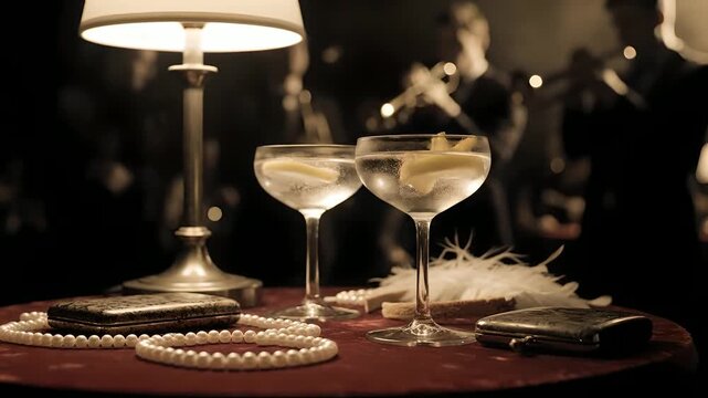 Vintage cocktails, pearl necklace, and accessories on a red velvet table, with blurred jazz musicians in a smoky speakeasy. Perfect for luxury, 1920s, celebration, and retro nightlife themes.
