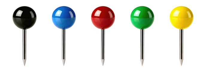 Set of Five Colorful 3D Realistic Round Push Pins in Black Blue Red Green and Yellow Isolated on Transparent and White Background