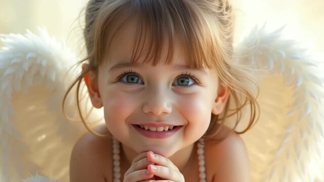 Close-up portrait of a cute little girl with angel wings smiling. A happy child with bright eyes and a joyful expression. Concept of childhood innocence and purity