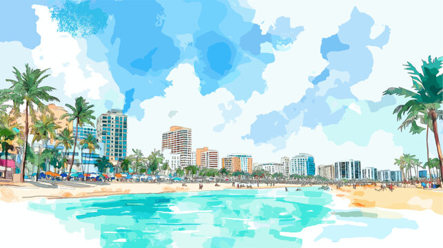 Miami?s South Beach. Miami?s South Beach hand drawn watercolor illustration