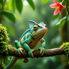 Fototapeta premium Colorful Chameleon Reached on a Messy Branch in Tropical Forest