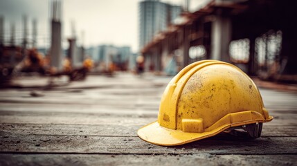 Close-up of hard hat on construction site floor, building framework behind, symbol of workplace safety 