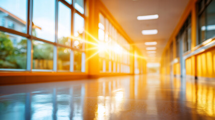 Blurred vision of bright sleek school corridor, radiant light shining, out of focus photograph, educational hallway, defocused perspective, architectural space, with copy space