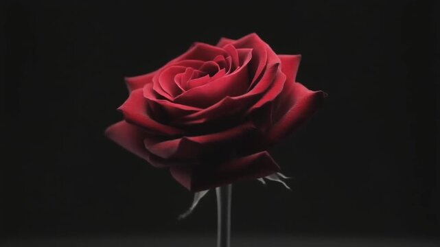A single red rose on a white stem stands out against a dark background, symbolizing love and passion, often used for romantic occasions