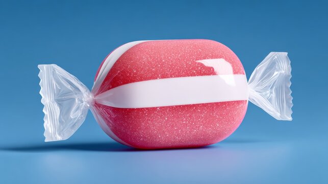 A candy bar with a clear wrapper and a pink and white striped wrapper. The wrapper is transparent and the candy bar itself is a combination of pink and white colors