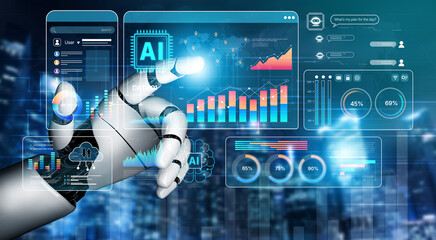 AI brain processes big data with generative AI, LLMs, and machine learning to support business...