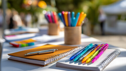 Open day info table with notebooks colorful pens and materials, inviting display, informational setup, welcoming attendees, event preparation, defocused background, with copy space