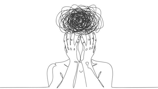 A continuous one line art illustration of a person with a scribbled mind, representing mental health and emotional struggle