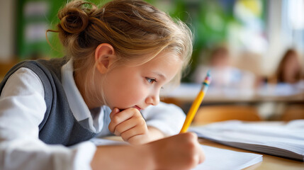 Girl schoolgirl doing homework environmental project, faceless student, classroom setting, environmental protection topic, back to school concept, defocused background, with copy s