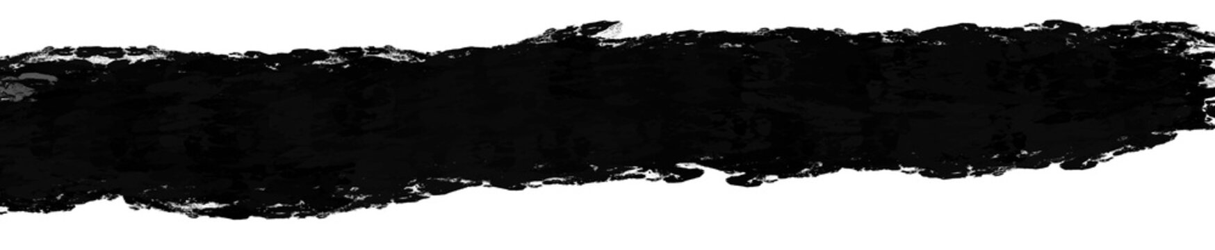 Black horizontal brush stroke with heavily textured rough edges and organic splatter pattern on white background