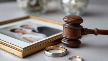 Judge Gavel Beside Wedding Photo Frame and Golden Rings Symbolizing Divorce Marriage Decision