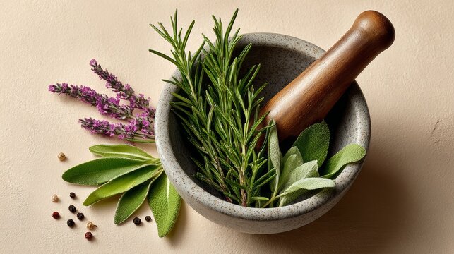 A bowl of herbs and spices with a mortar and pestle. The herbs include rosemary, sage, and thyme. The spices include pepper, salt, and garlic. The bowl is placed on a table, and the herbs