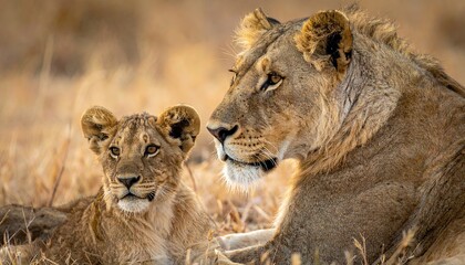 Obraz premium Fatherhood concept - dad and kid lion