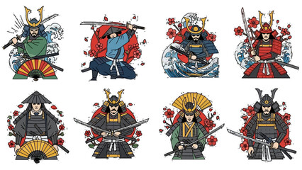 Colorful vector Samurai clipart, vector illustrations for a Japanese theme.