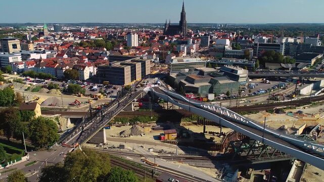 Aerial panoramic view of old town in the city Ulm in Germany on a cloudy afternoon in autumn