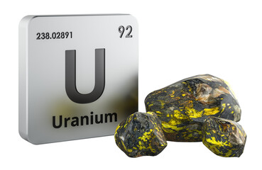 Uranium chemical element symbol with uranium ore, 3D rendering © alexlmx