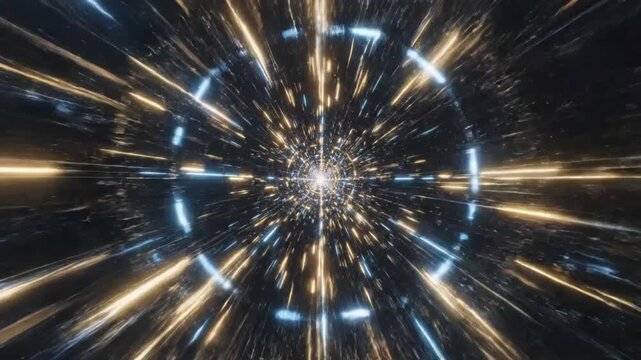 Hyperspace travel animation with brilliant lights showing cosmic speed and acceleration for science fiction or fantasy projects